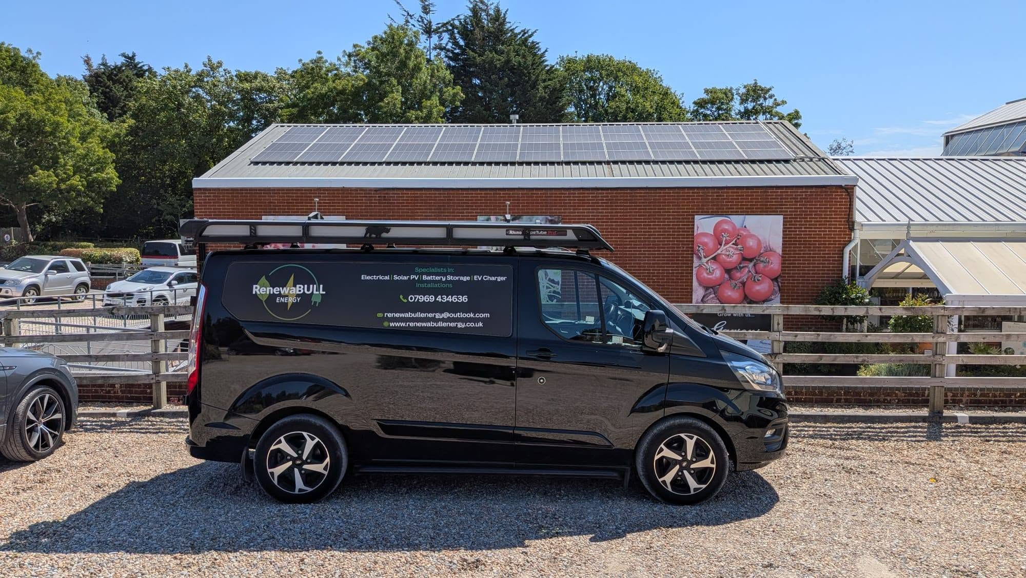 Wide view of a solar panel array installed on a commercial roof.