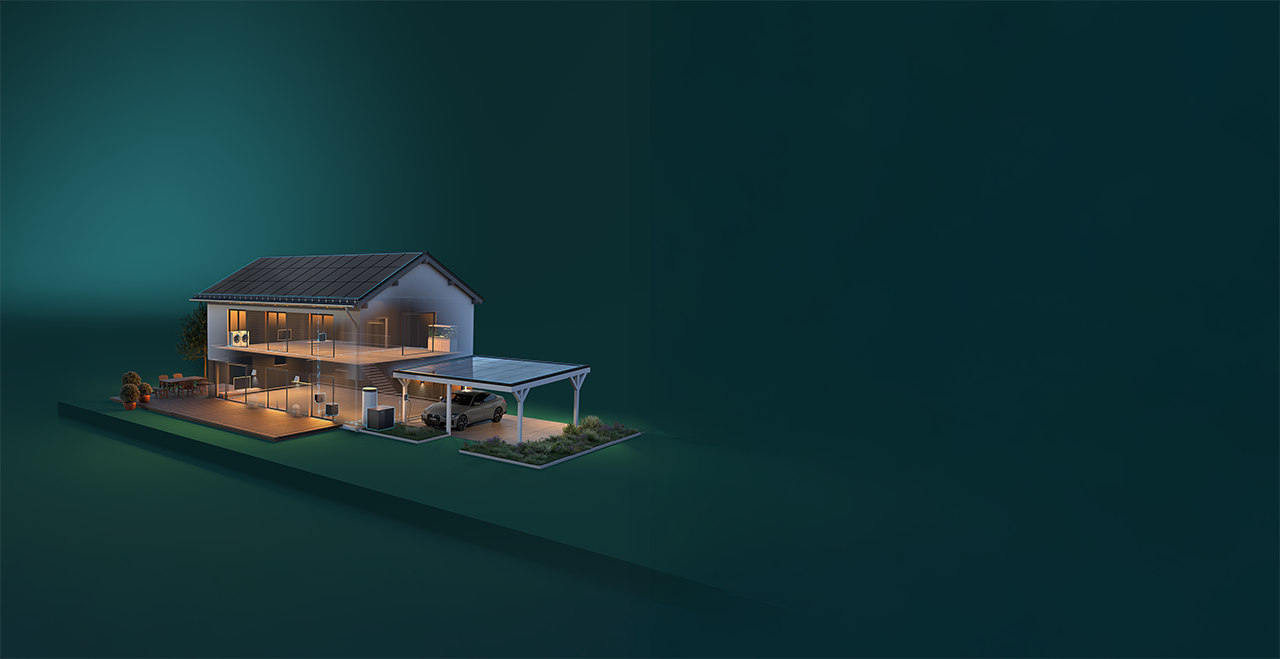 Cutaway illustration of a solar-powered home with battery storage, EV charging, and heat pump integration.